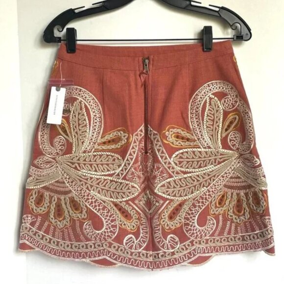 Anthropologie Beaded Mini Skirt 4 Pink Cotton Embroidered Boho Scallop Hem - Picture 3 of 10